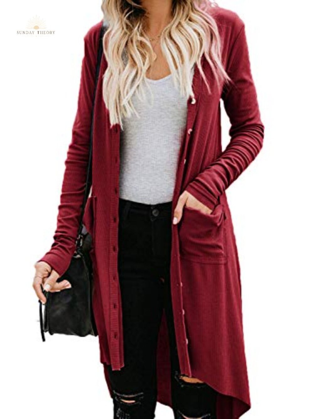 Women's Long Open Front Button Down High Low Knit Cardigan Sweater